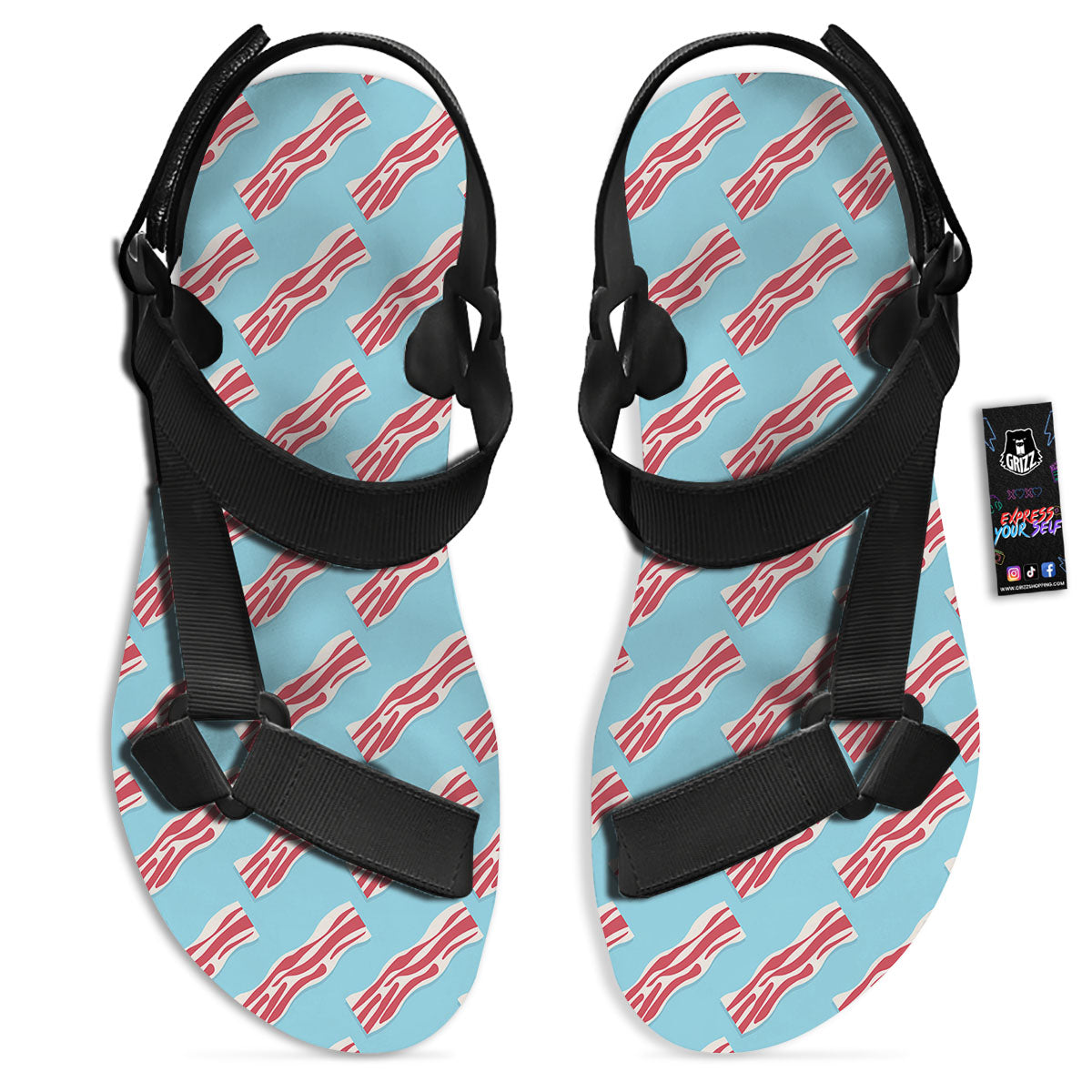 Bacon Blue Print Pattern Black Open Toe Sandals-grizzshop
