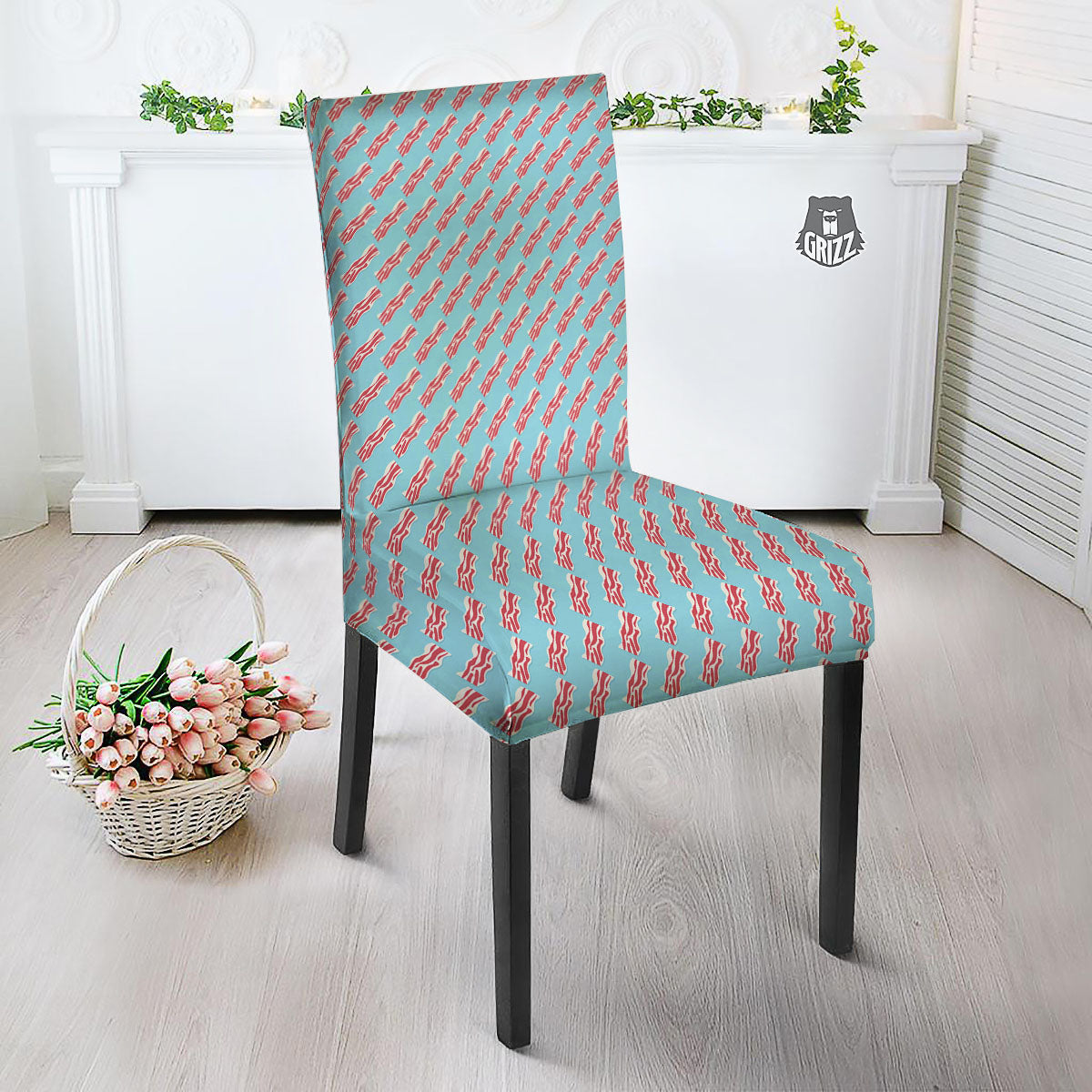 Bacon Blue Print Pattern Dining Chair Slipcover-grizzshop