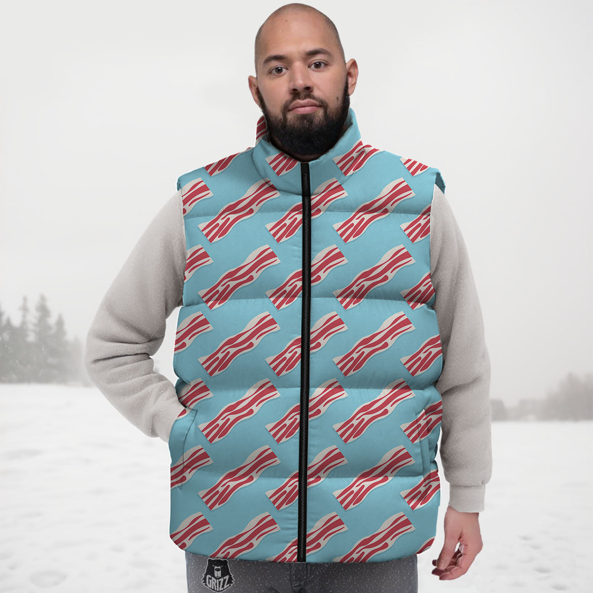 Bacon Blue Print Pattern Down Vest-grizzshop