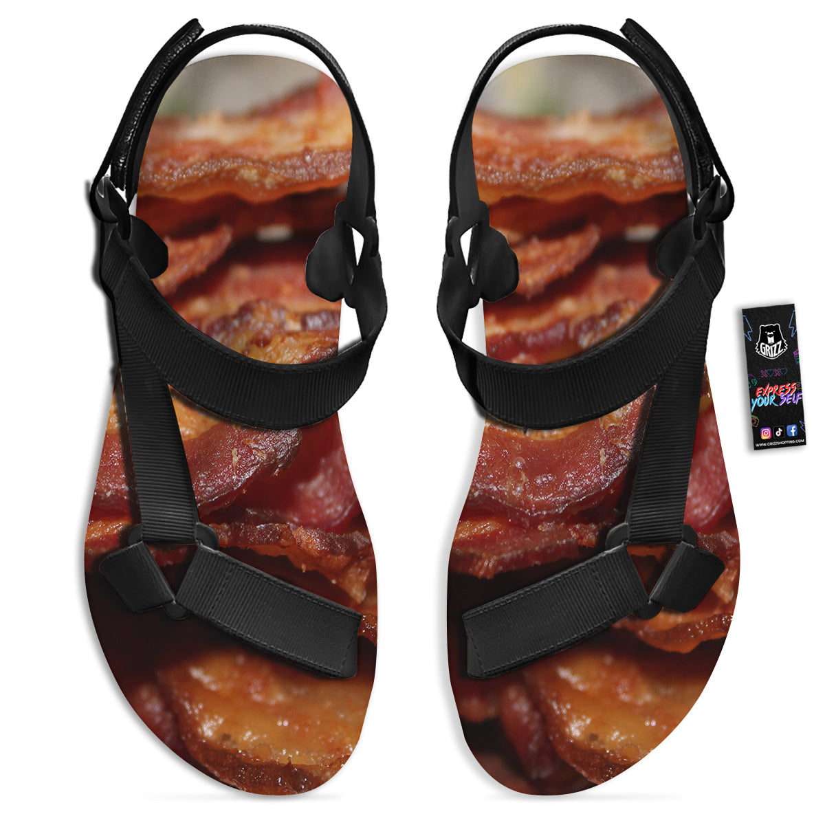 Bacon Crispy Print Black Open Toe Sandals-grizzshop