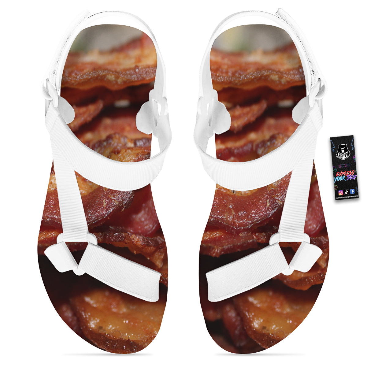 Bacon Crispy Print White Open Toe Sandals-grizzshop