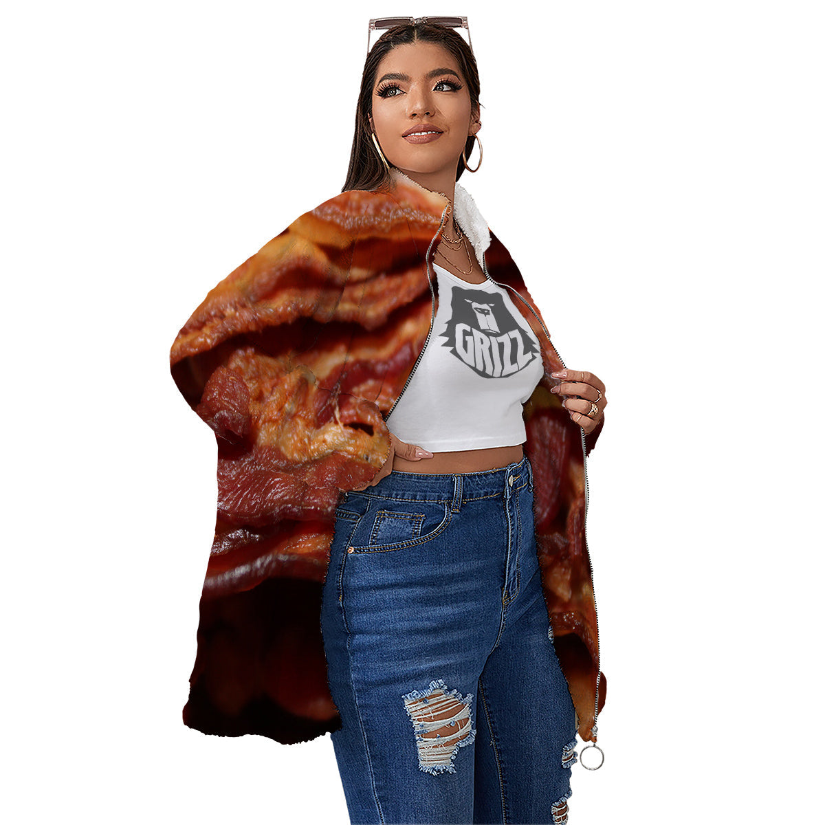 Bacon Crispy Print Women's Sherpa Jacket-grizzshop