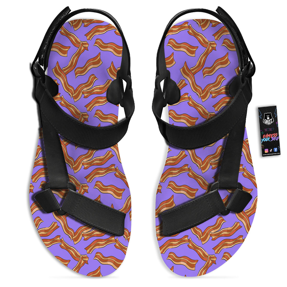 Bacon Purple Print Pattern Black Open Toe Sandals-grizzshop
