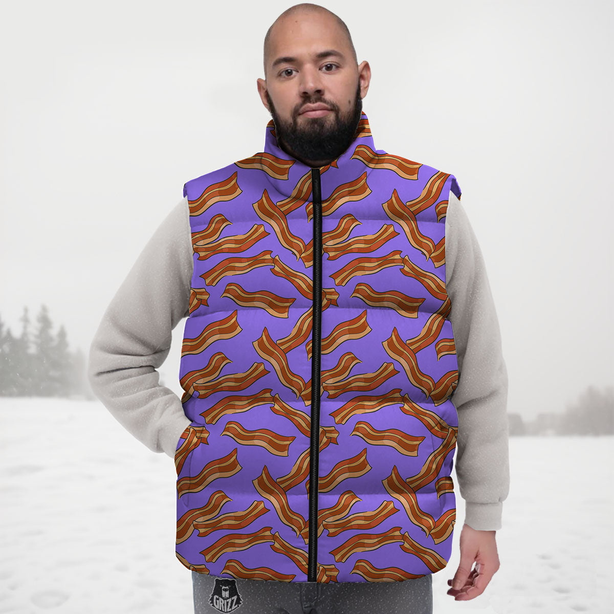 Bacon Purple Print Pattern Down Vest-grizzshop