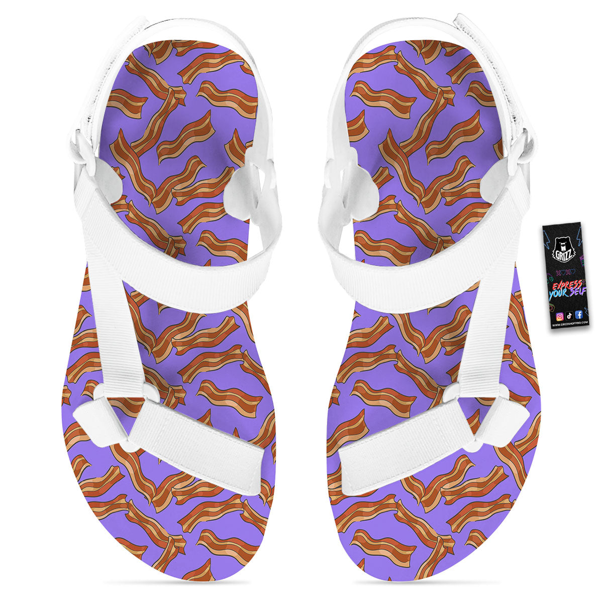 Bacon Purple Print Pattern White Open Toe Sandals-grizzshop