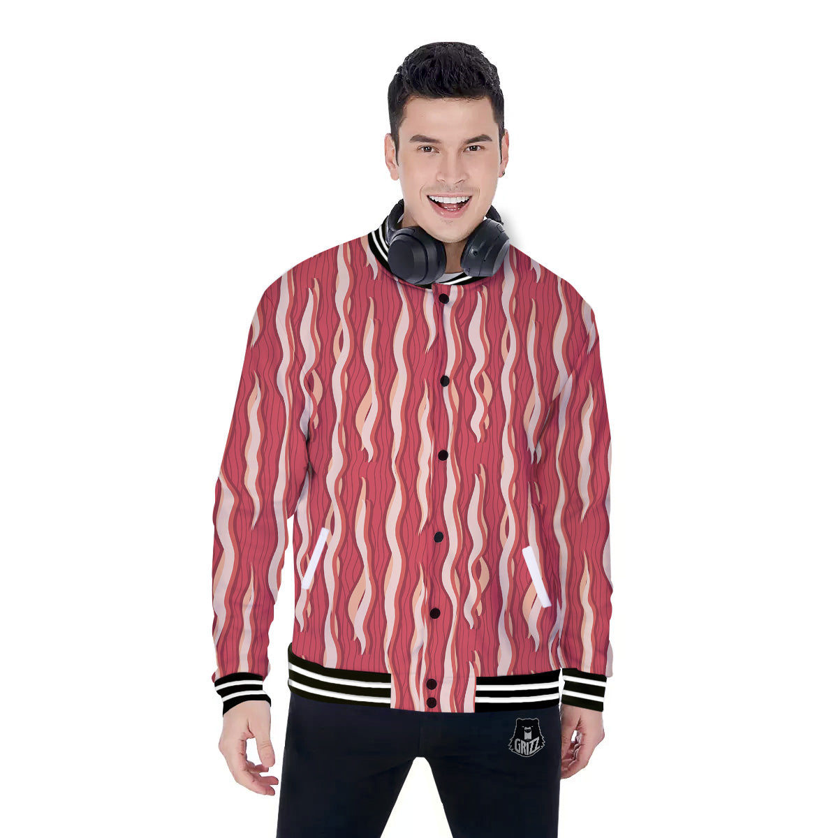 Bacon Texture Print Pattern Baseball Jacket-grizzshop