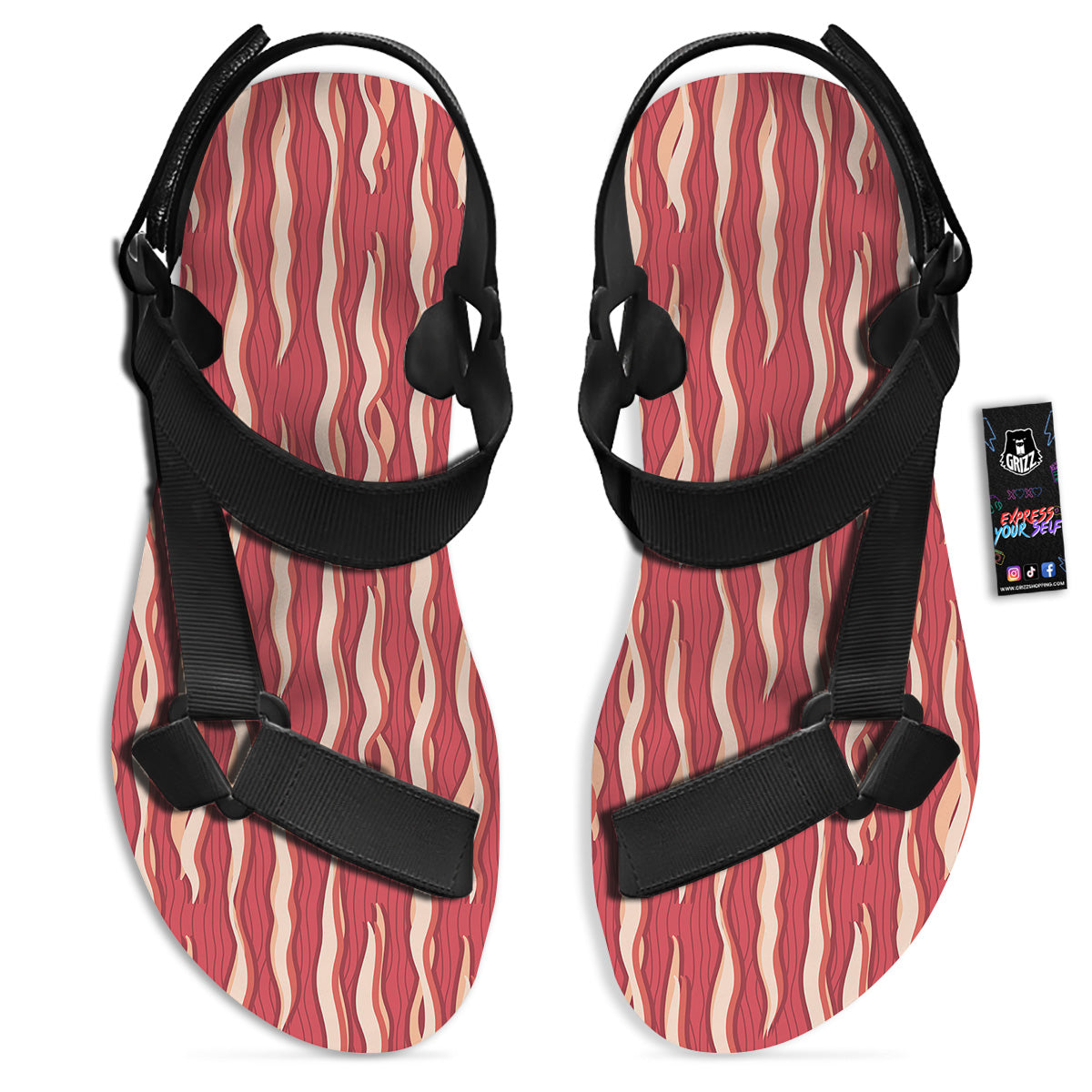Bacon Texture Print Pattern Black Open Toe Sandals-grizzshop