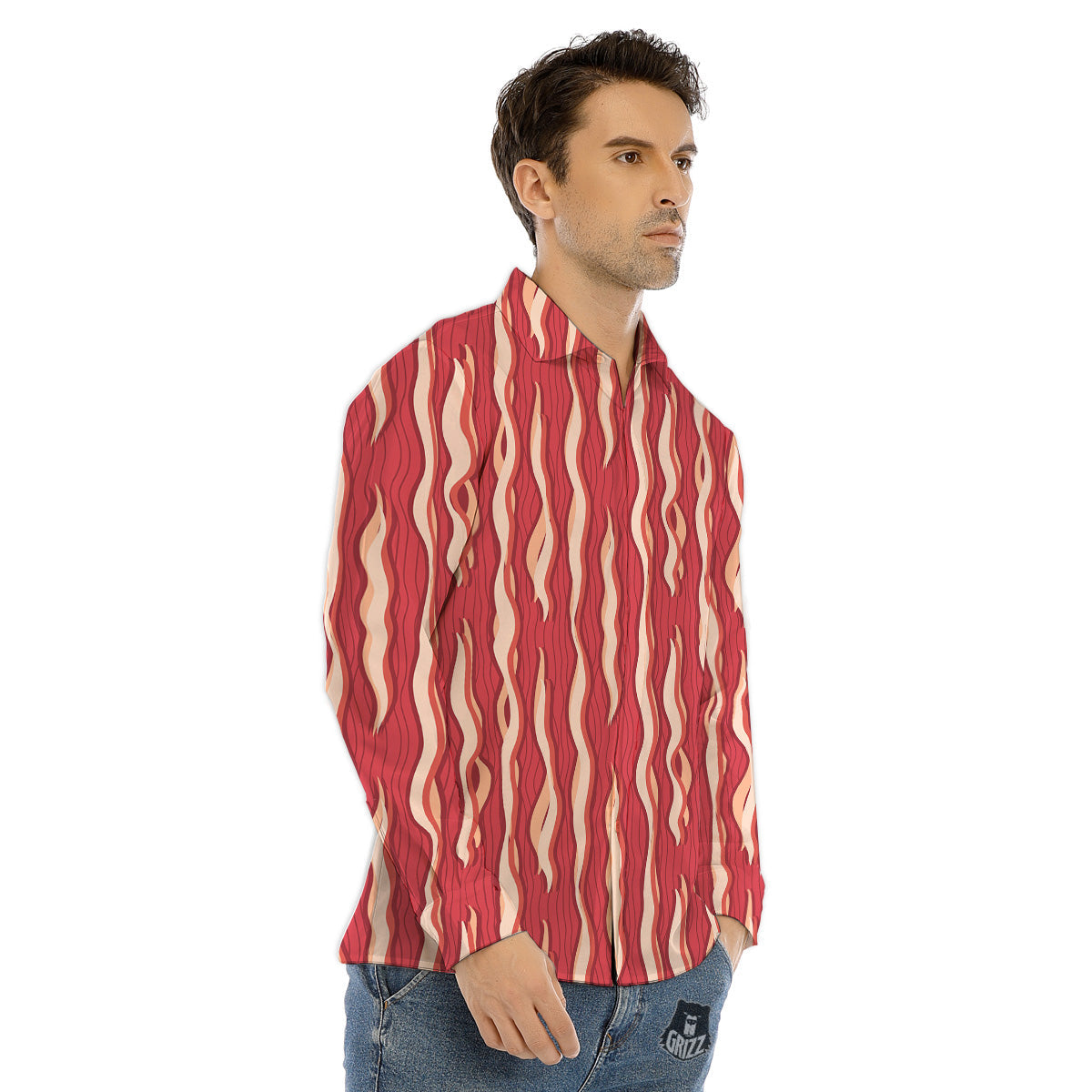 Bacon Texture Print Pattern Men's Dress Shirts-grizzshop