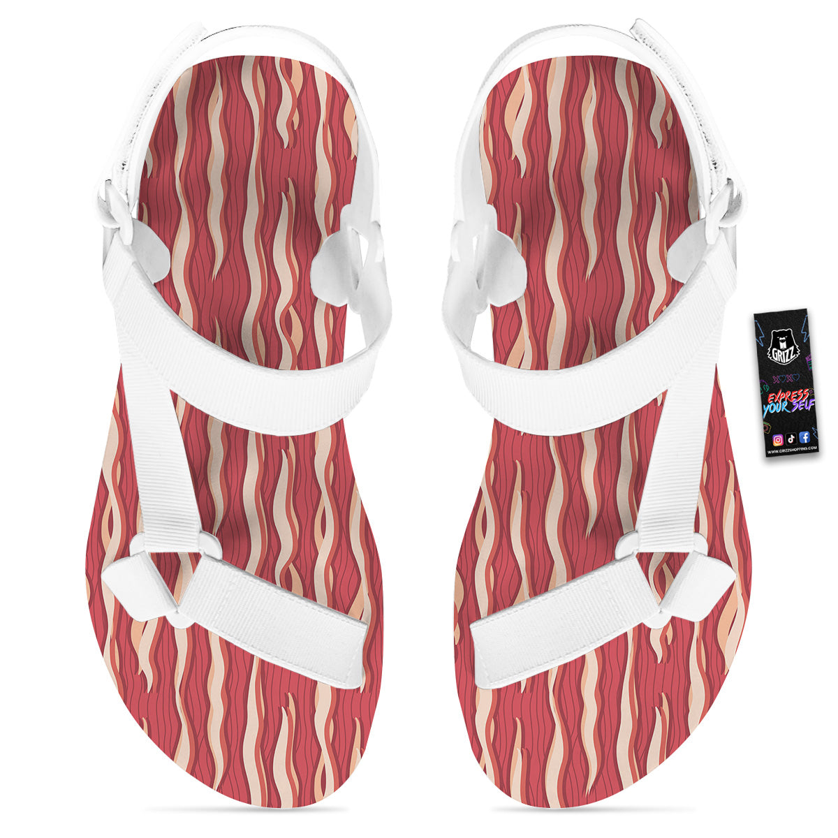 Bacon Texture Print Pattern White Open Toe Sandals-grizzshop