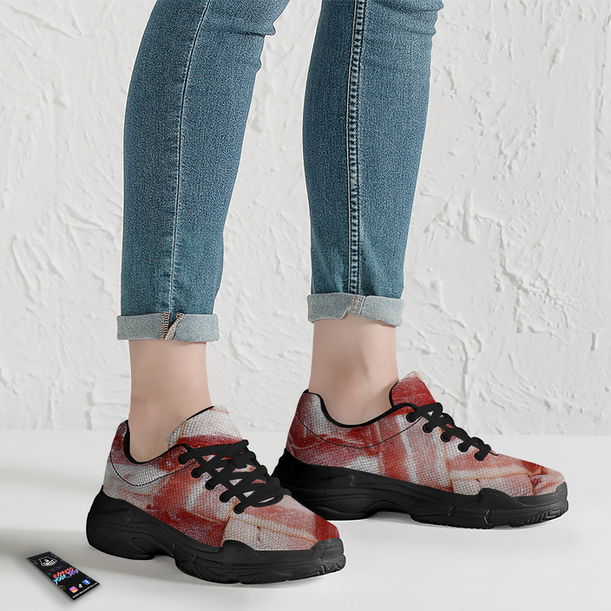 Bacon Weaving Print Black Chunky Shoes-grizzshop