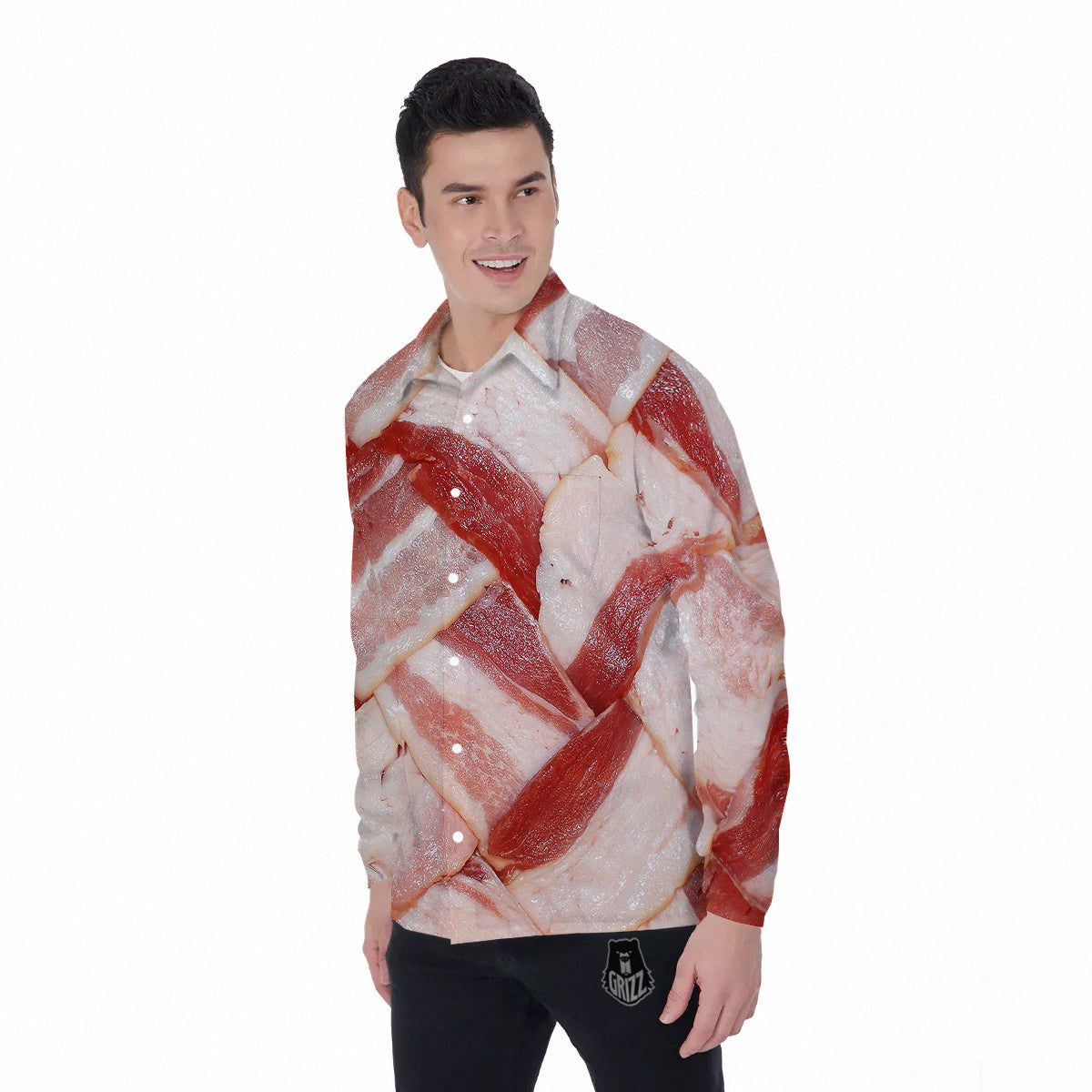 Bacon Weaving Print Men's Long Sleeve Shirts-grizzshop