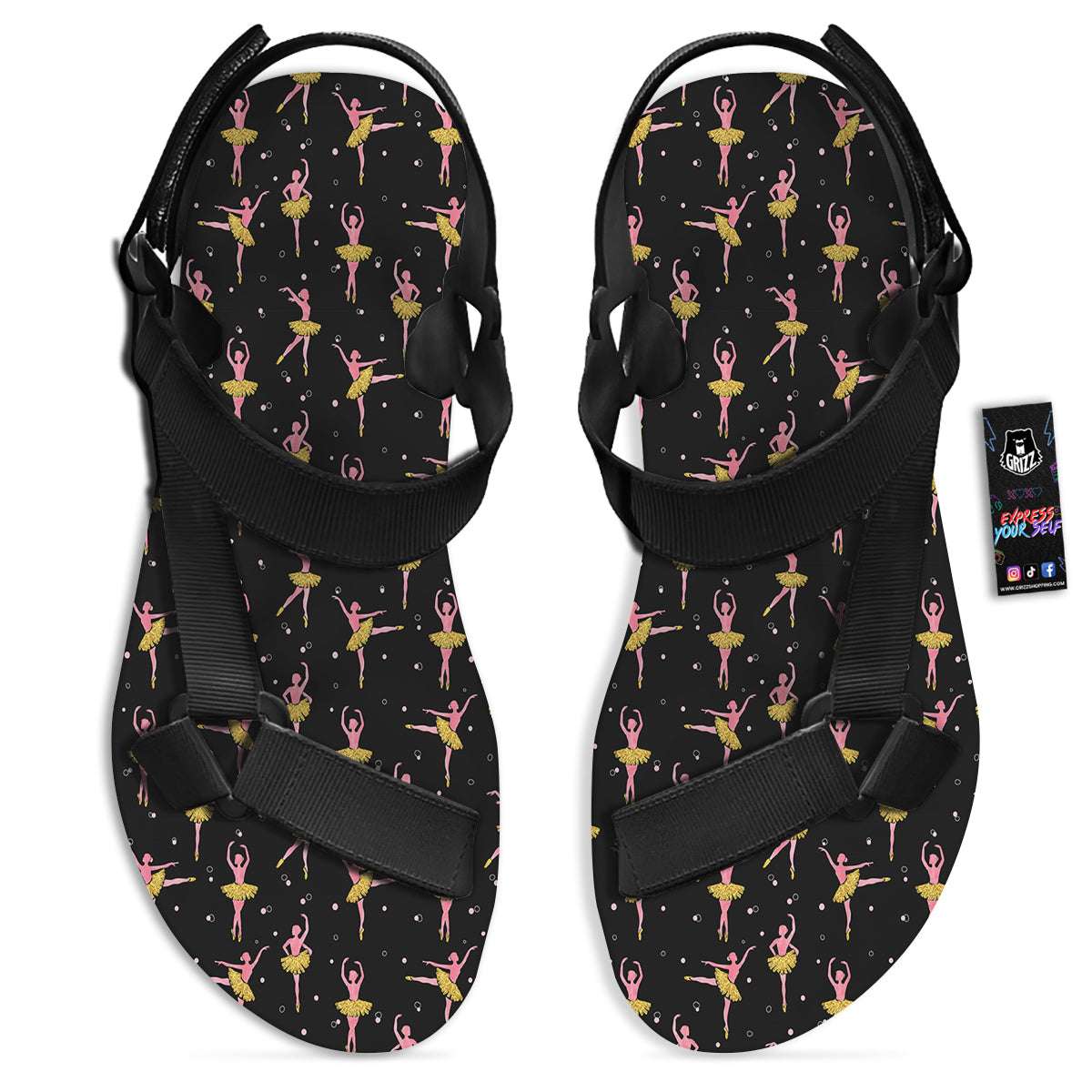 Ballet Dancing Print Pattern Black Open Toe Sandals-grizzshop