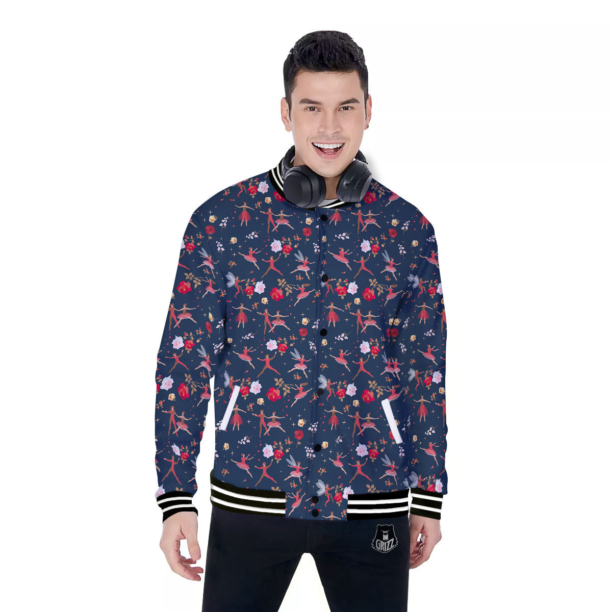 Ballet Floral Print Pattern Baseball Jacket-grizzshop