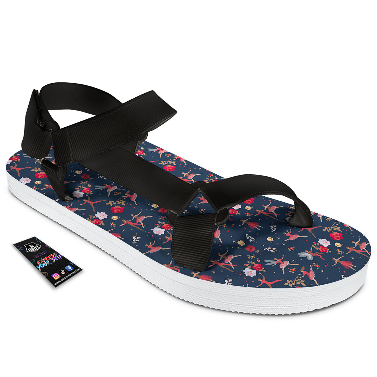 Ballet Floral Print Pattern Black Open Toe Sandals-grizzshop