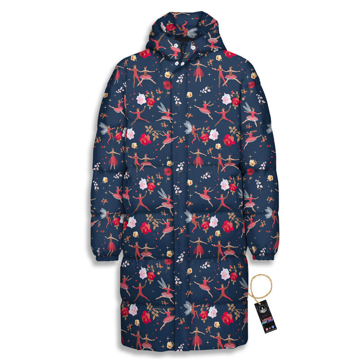 Ballet Floral Print Pattern Long Down Jacket-grizzshop