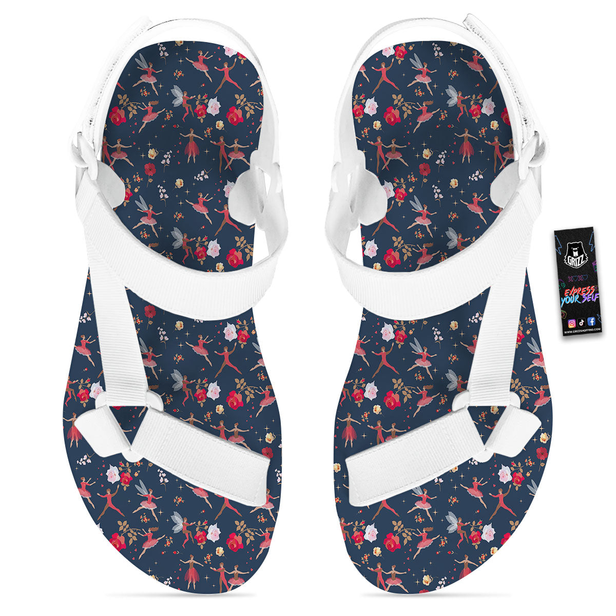 Ballet Floral Print Pattern White Open Toe Sandals-grizzshop