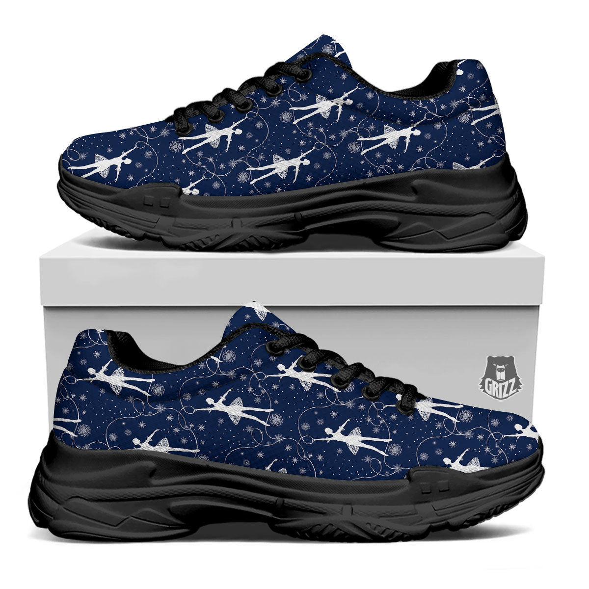 Ballet Snowflake Print Pattern Black Chunky Shoes-grizzshop