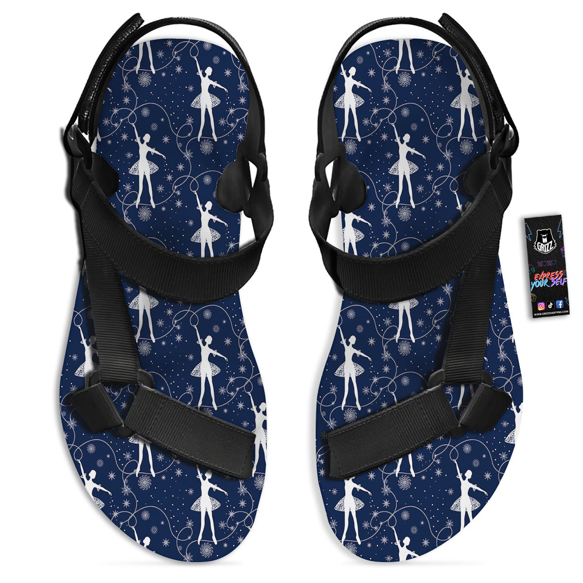 Ballet Snowflake Print Pattern Black Open Toe Sandals-grizzshop