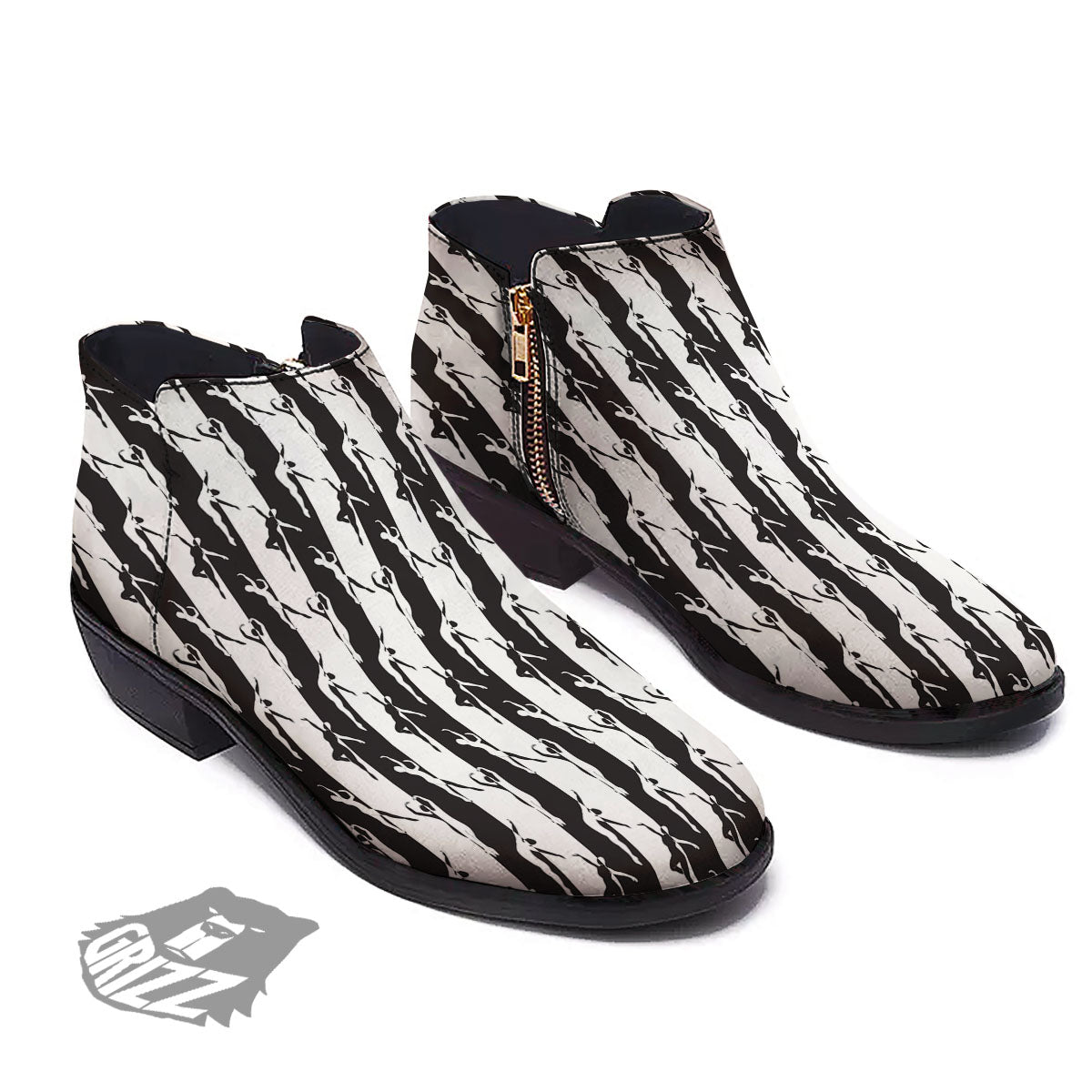 Ballet White And Black Print Pattern Ankle Boots-grizzshop