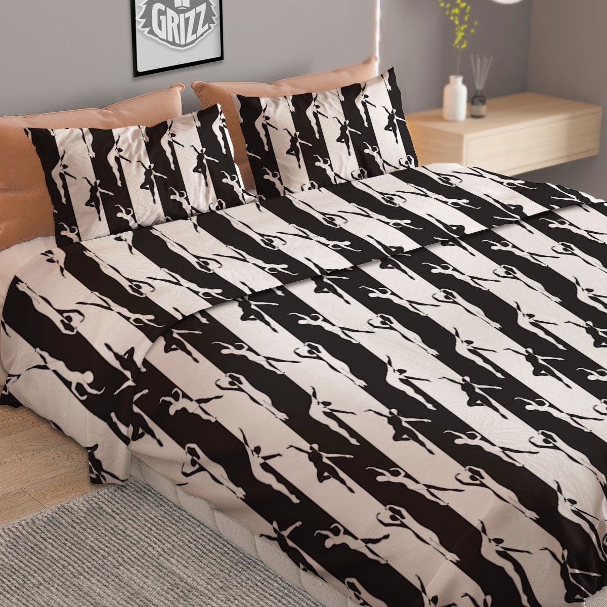 Ballet White And Black Print Pattern Duvet Cover Bedding Set