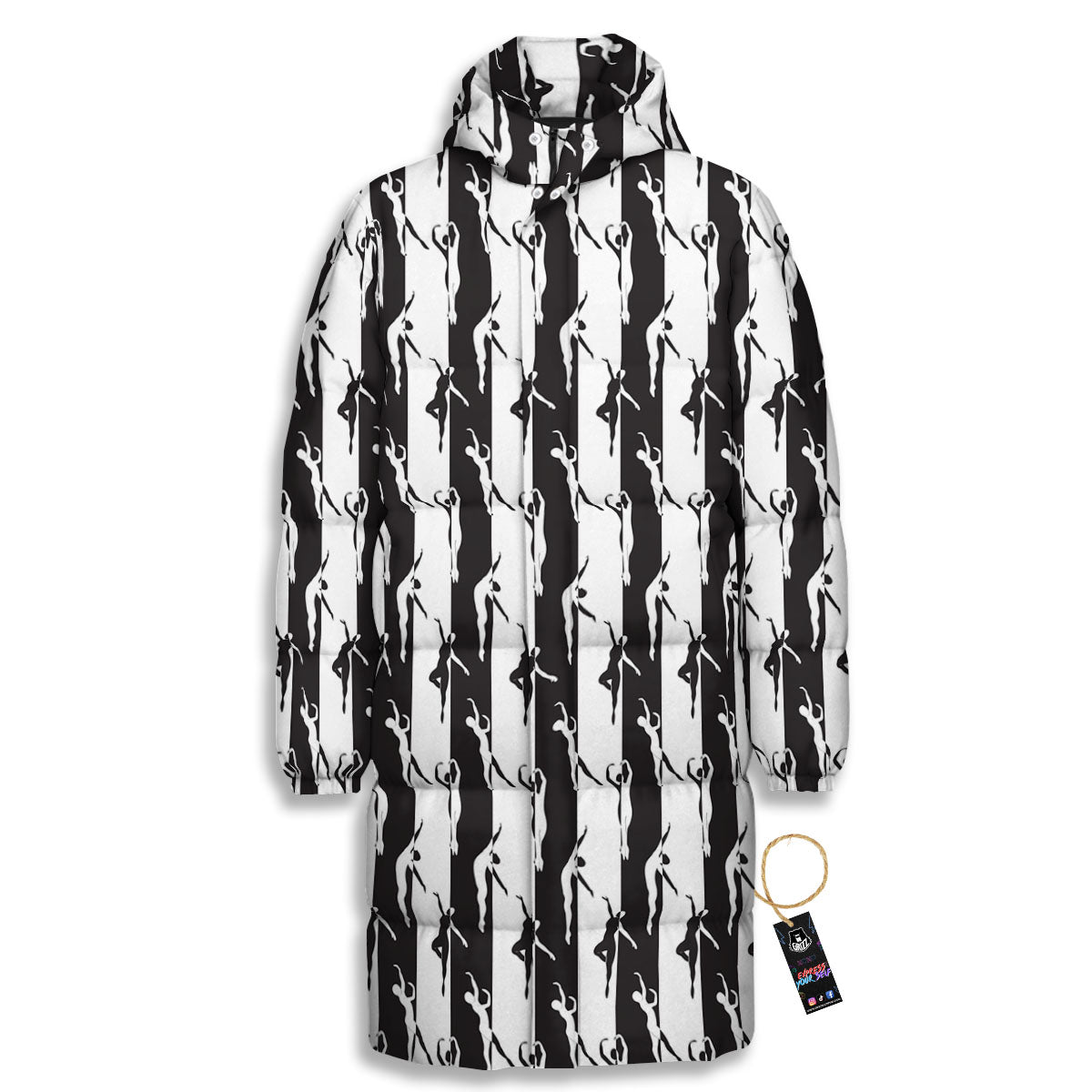 Ballet White And Black Print Pattern Long Down Jacket-grizzshop