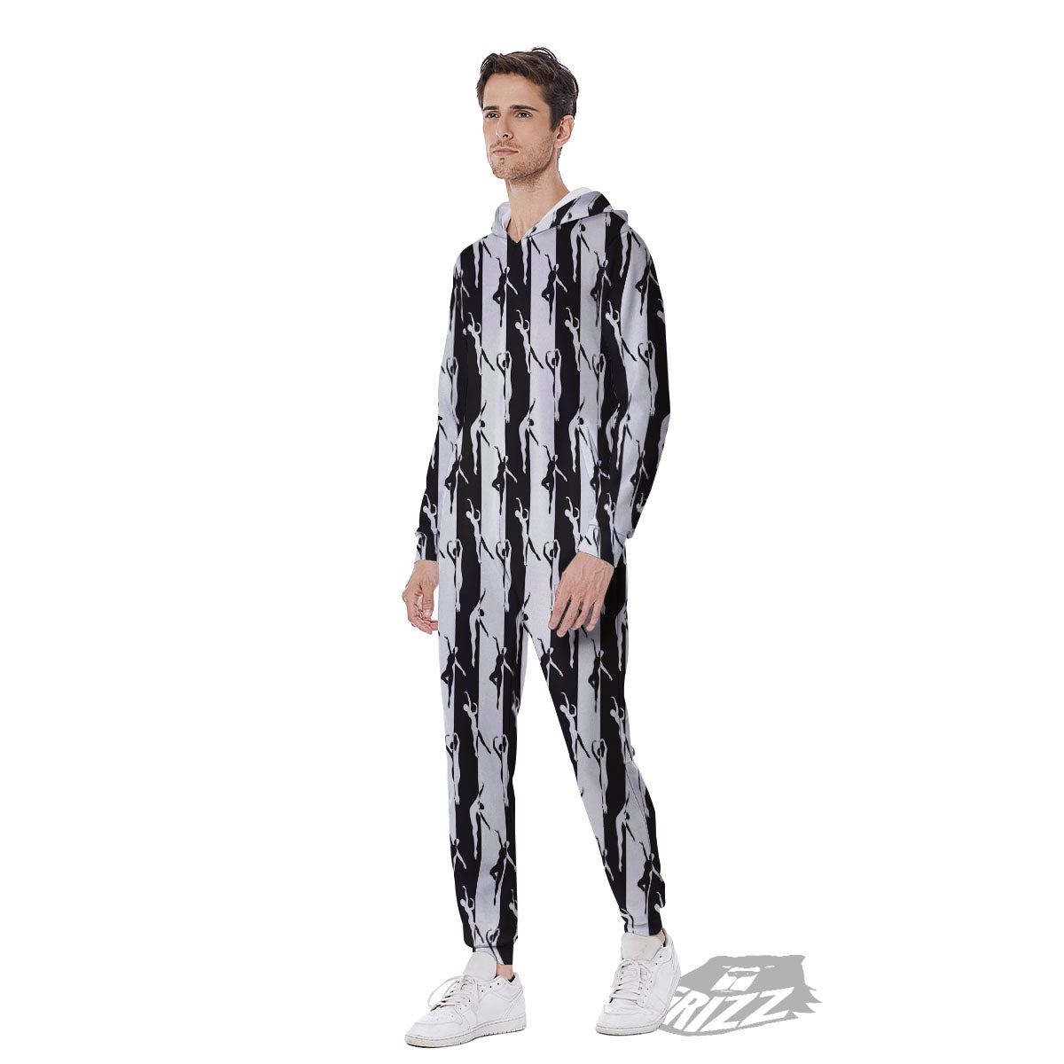 Ballet White And Black Print Pattern Men's Jumpsuit-grizzshop