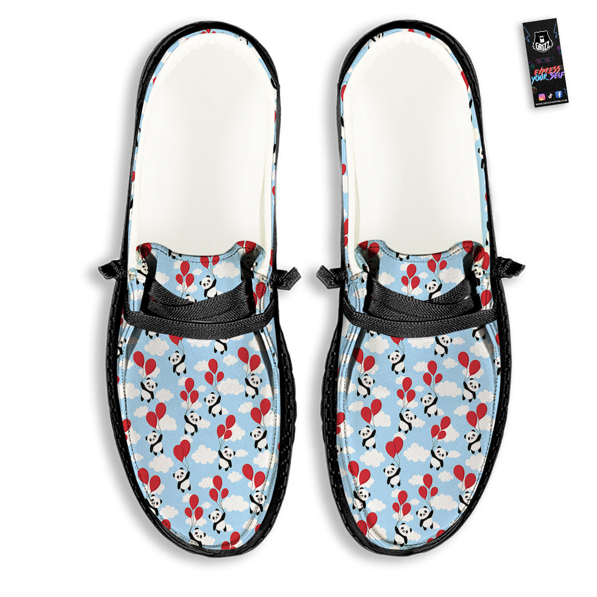 Balloon And Cute Panda Print Pattern Black Loafers-grizzshop