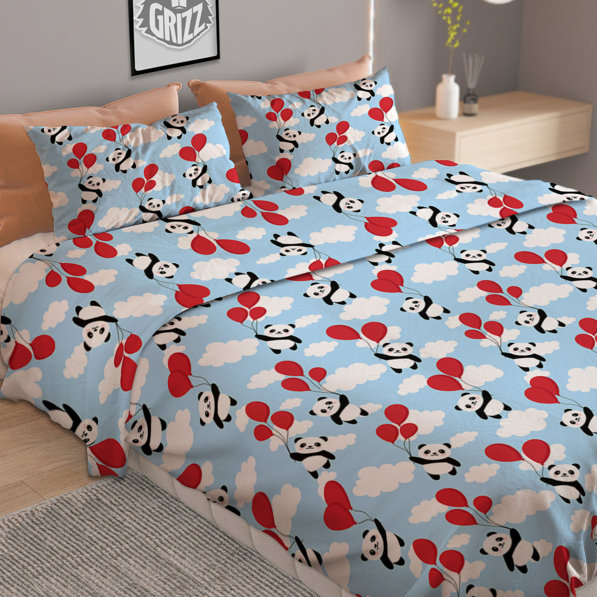 Balloon And Cute Panda Print Pattern Duvet Cover Bedding Set