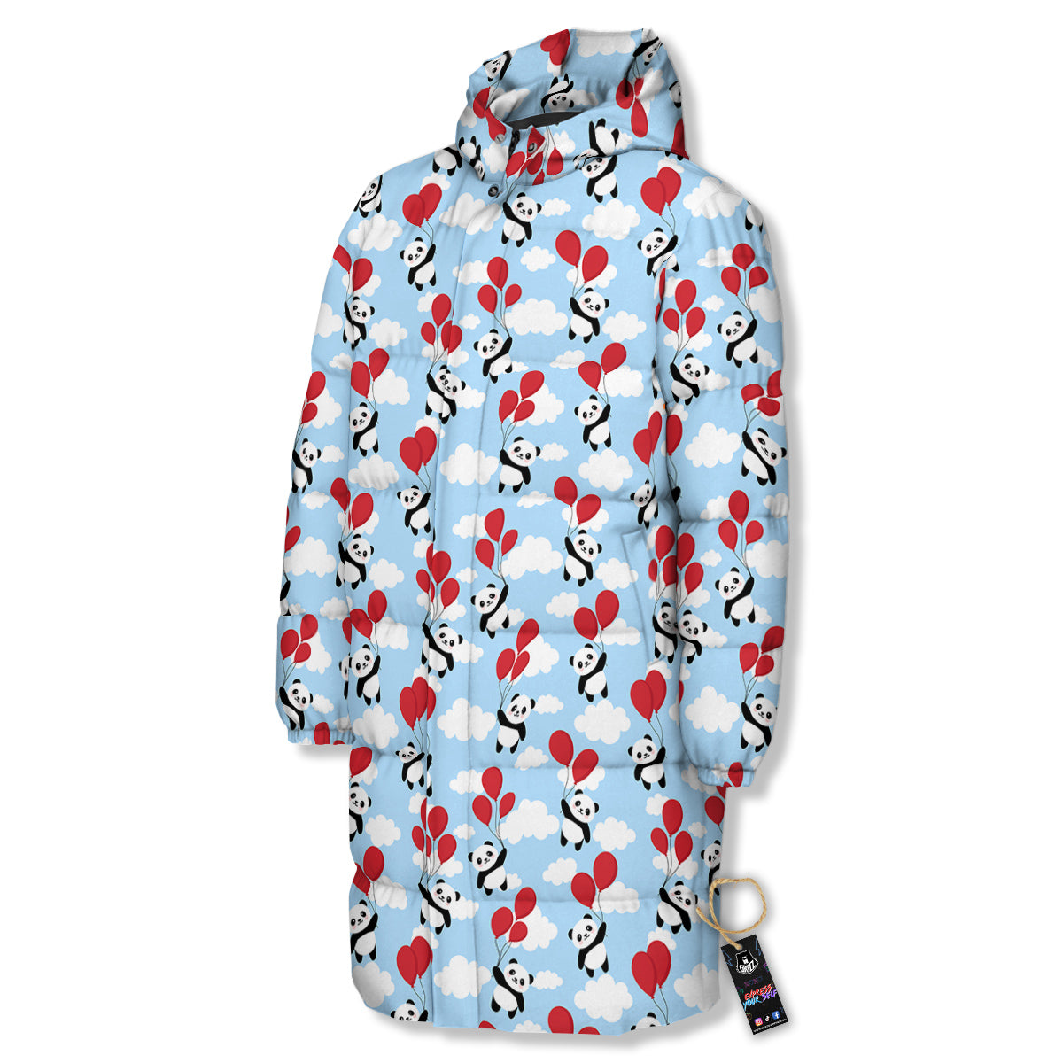 Balloon And Cute Panda Print Pattern Long Down Jacket-grizzshop