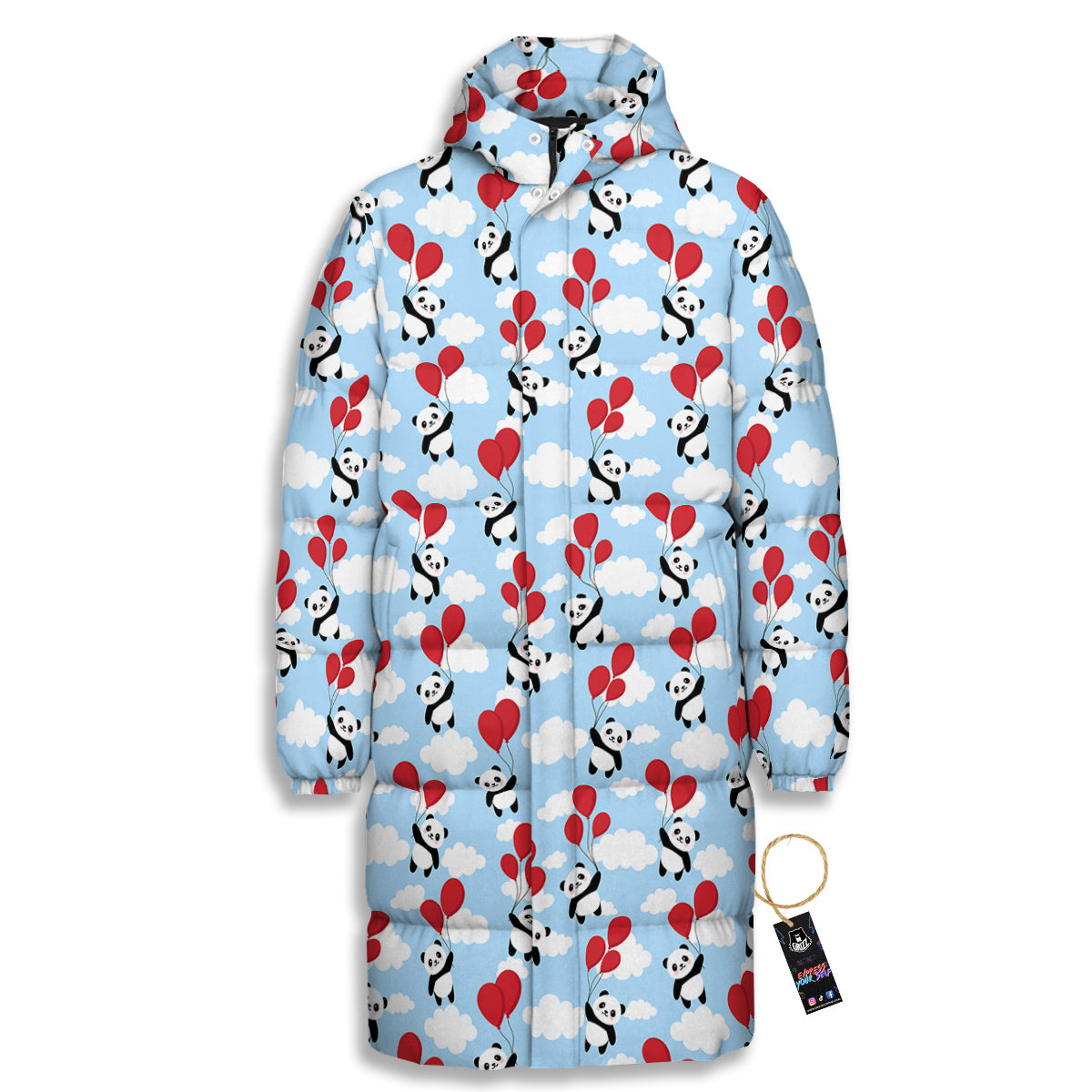 Balloon And Cute Panda Print Pattern Long Down Jacket-grizzshop