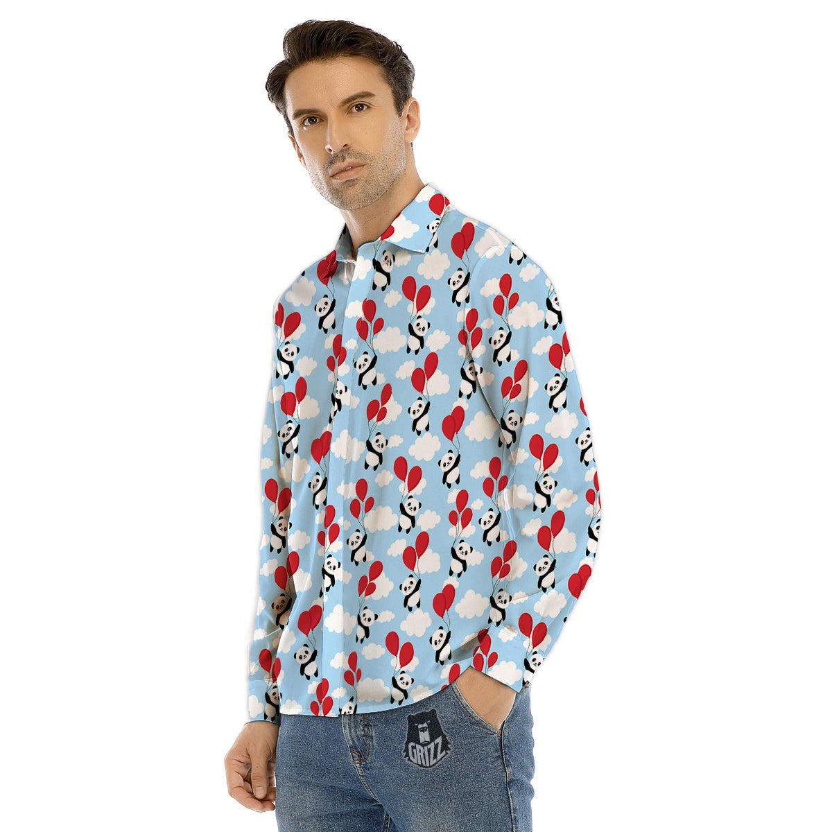 Balloon And Cute Panda Print Pattern Men's Dress Shirts-grizzshop