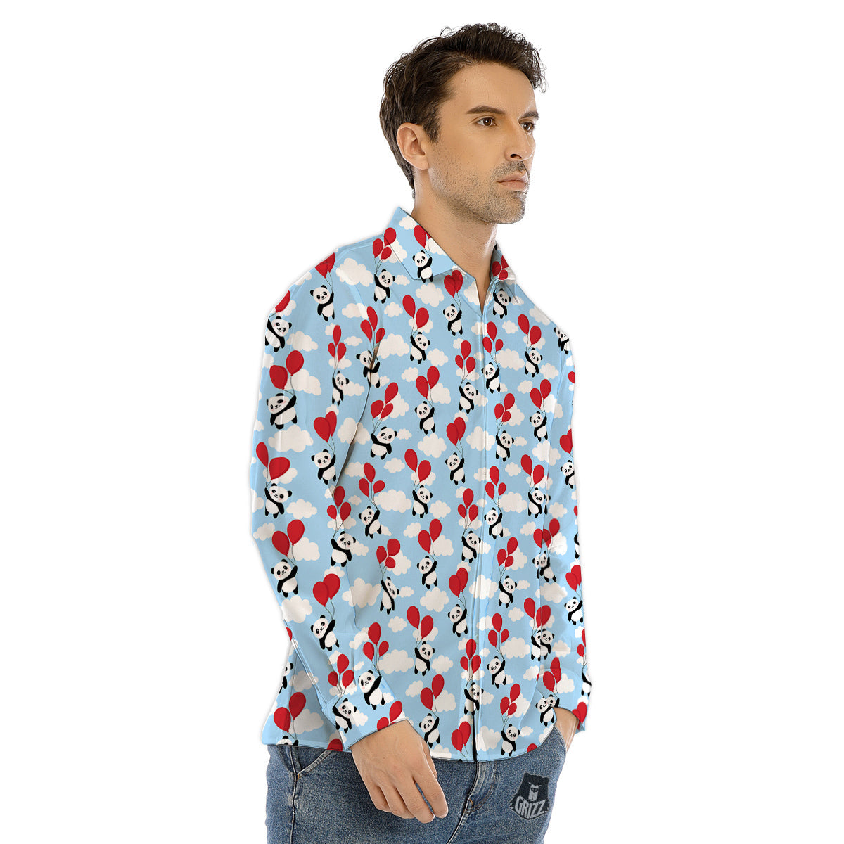 Balloon And Cute Panda Print Pattern Men's Dress Shirts-grizzshop