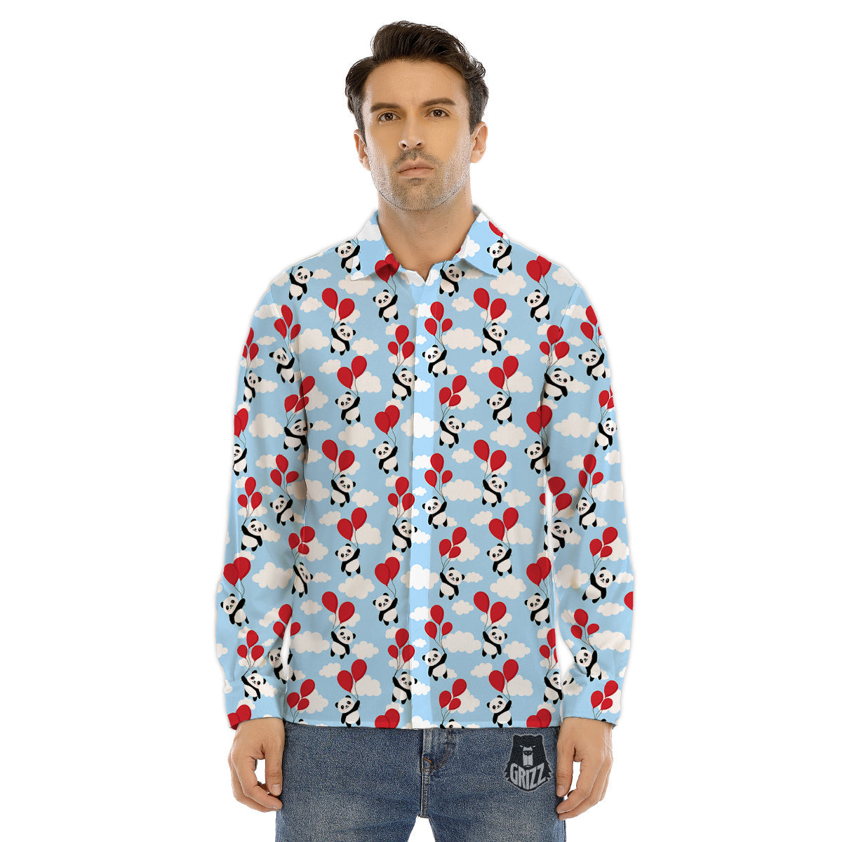 Balloon And Cute Panda Print Pattern Men's Dress Shirts-grizzshop