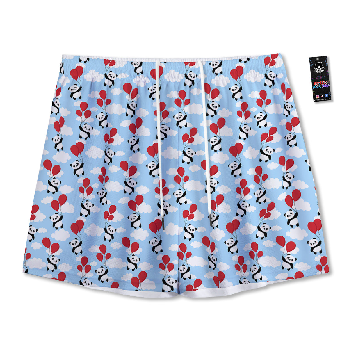 Balloon And Cute Panda Print Pattern Mesh Shorts