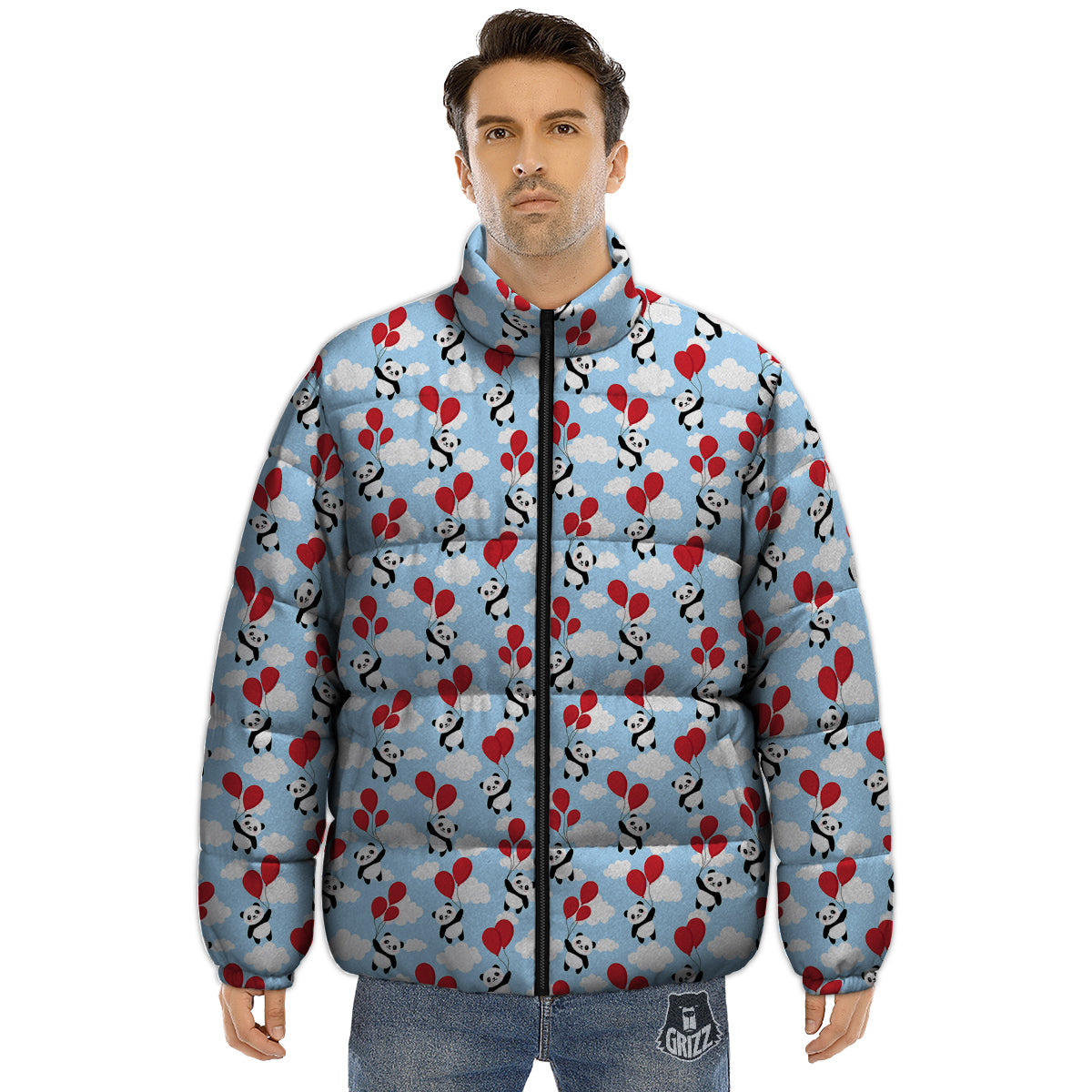 Balloon And Cute Panda Print Pattern Puffer Jacket-grizzshop