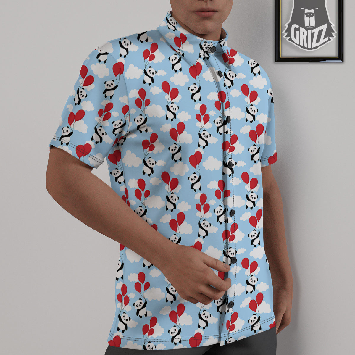 Balloon And Cute Panda Print Pattern Untucked Shirts-grizzshop