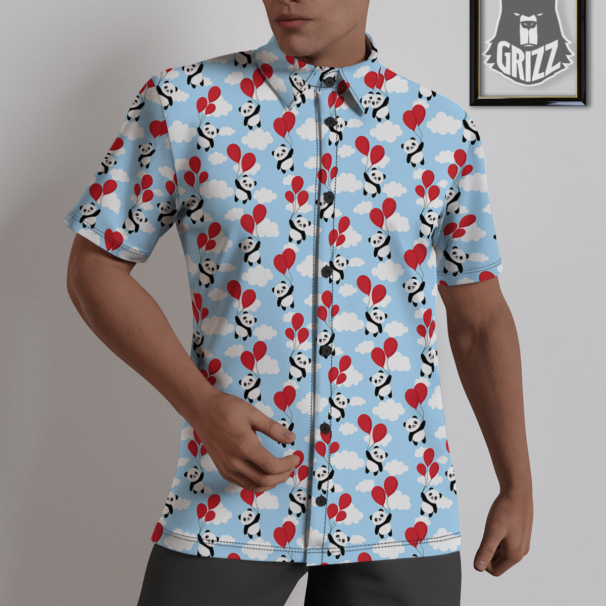 Balloon And Cute Panda Print Pattern Untucked Shirts-grizzshop