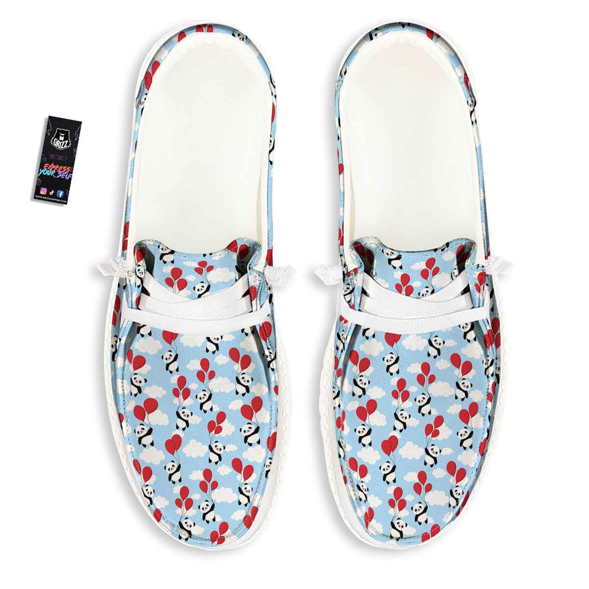 Balloon And Cute Panda Print Pattern White Loafers-grizzshop