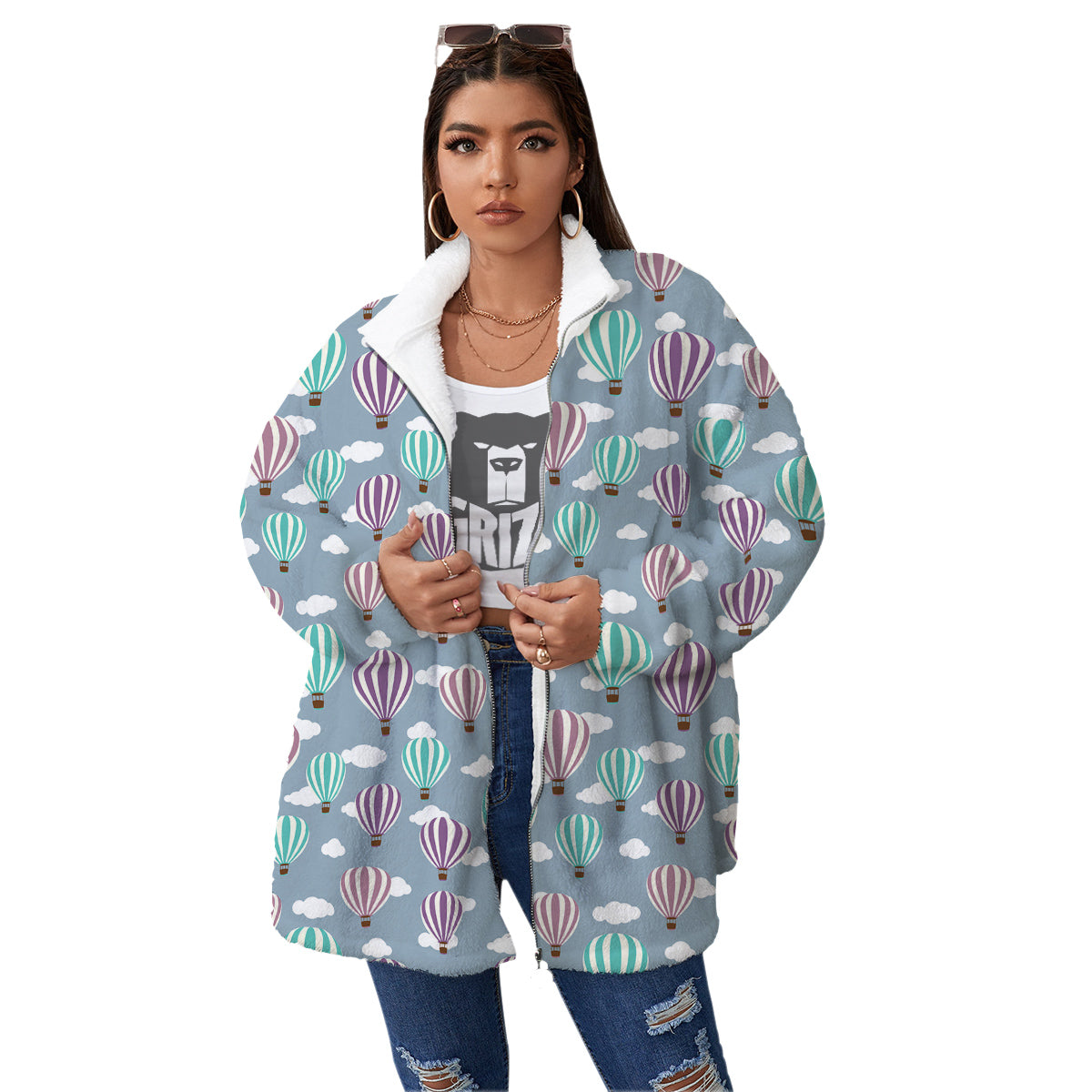 Balloon Cartoon Print Pattern Women's Sherpa Jacket-grizzshop
