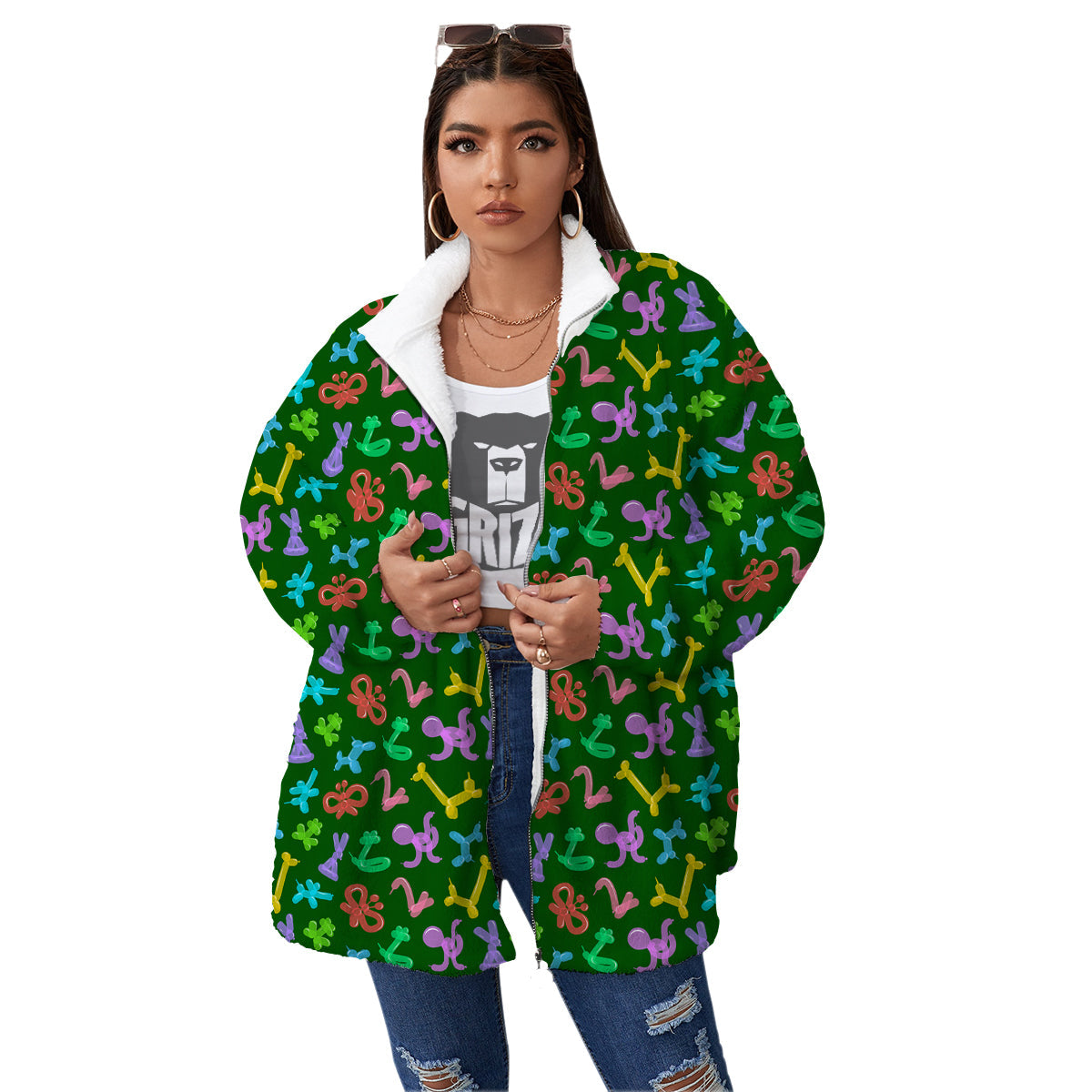 Balloon Modelling Print Pattern Women's Sherpa Jacket-grizzshop