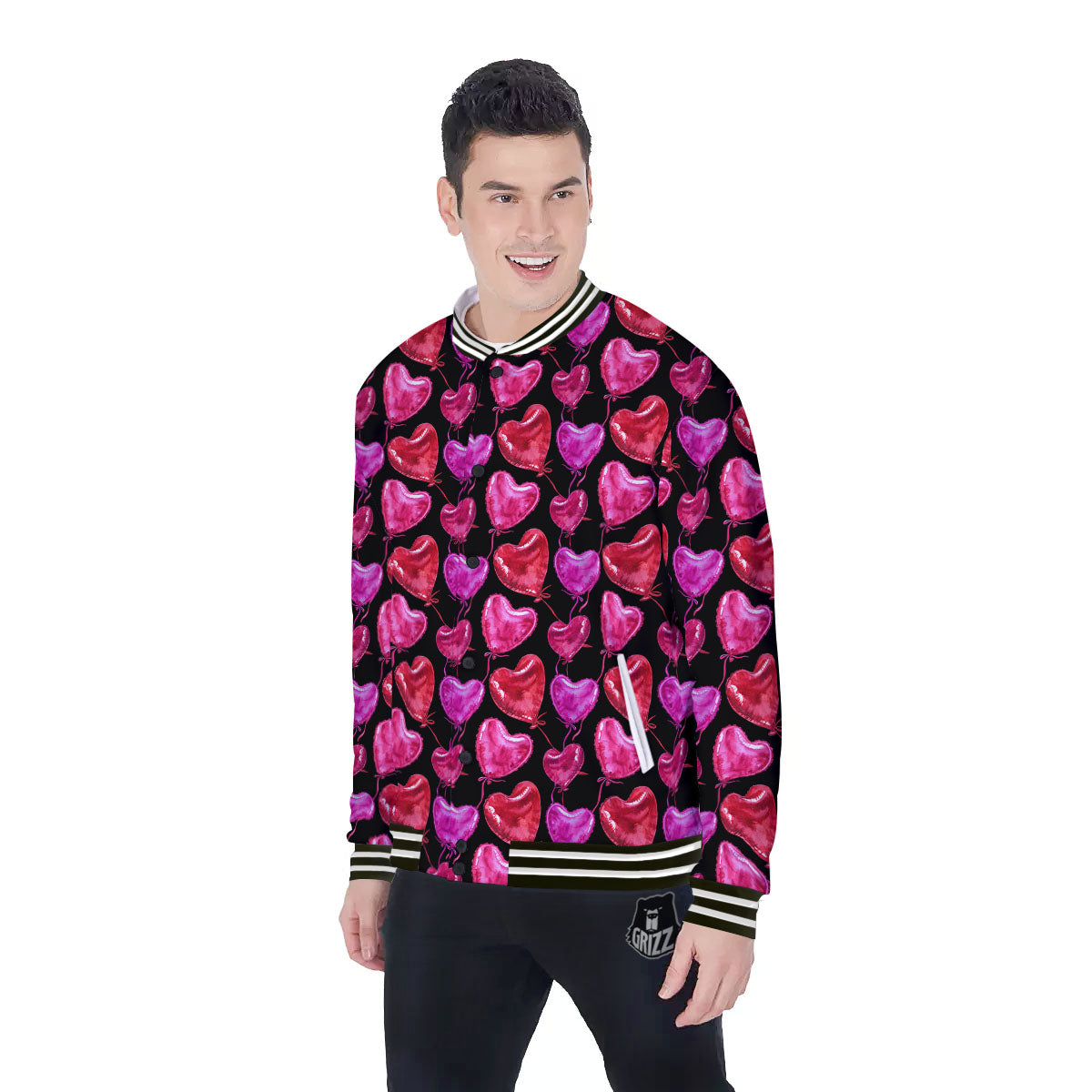 Balloon Red Heart Print Pattern Baseball Jacket-grizzshop