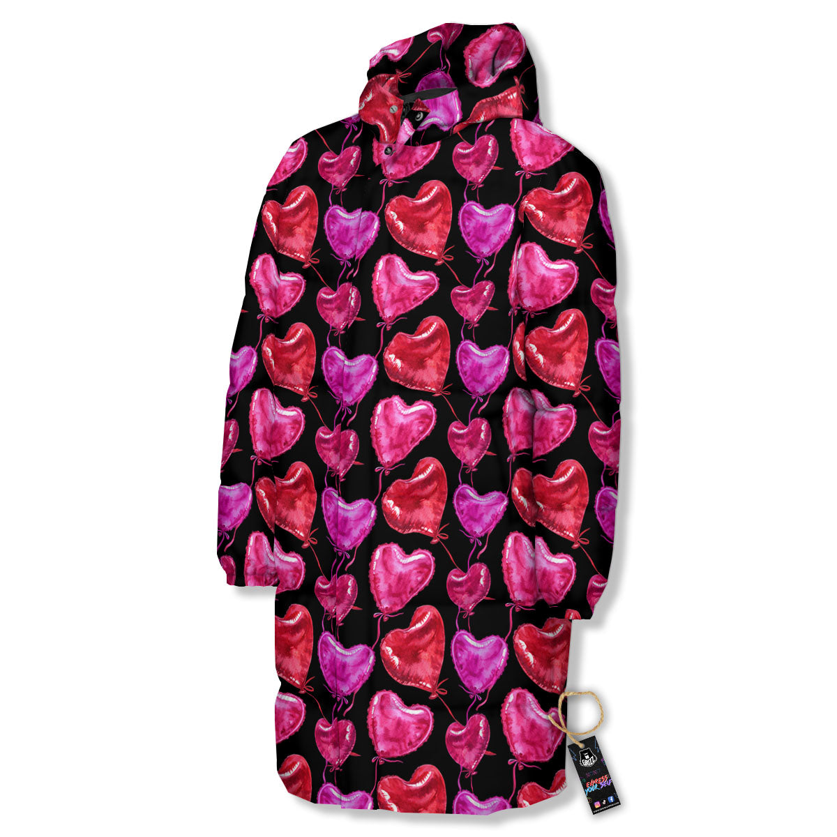 Balloon Red Heart Print Pattern Long Down Jacket-grizzshop