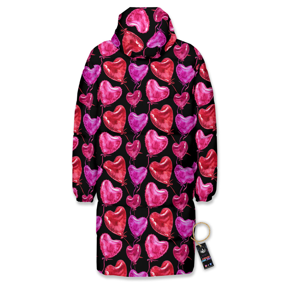 Balloon Red Heart Print Pattern Long Down Jacket-grizzshop