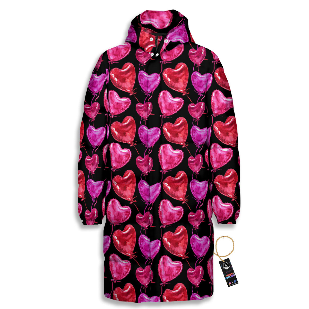 Balloon Red Heart Print Pattern Long Down Jacket-grizzshop