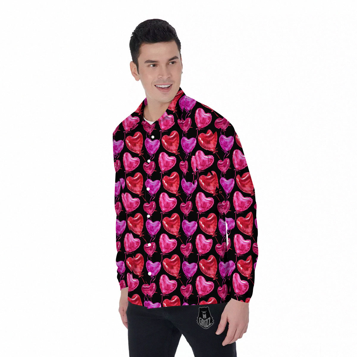 Balloon Red Heart Print Pattern Men's Long Sleeve Shirts-grizzshop