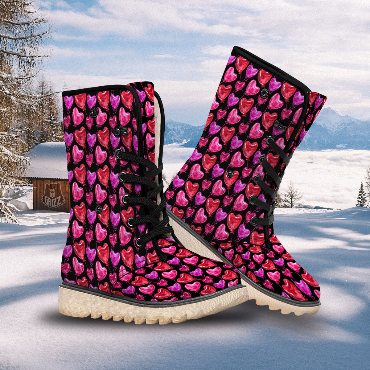 Balloon Red Heart Print Pattern Snow Boots-grizzshop