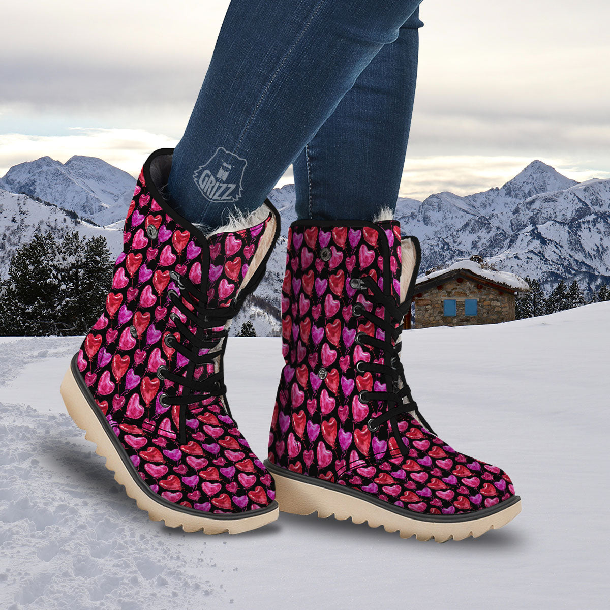 Balloon Red Heart Print Pattern Snow Boots-grizzshop