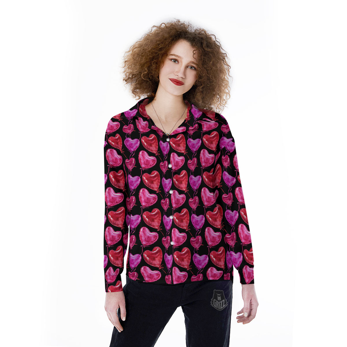 Balloon Red Heart Print Pattern Women's Long Sleeve Shirts-grizzshop