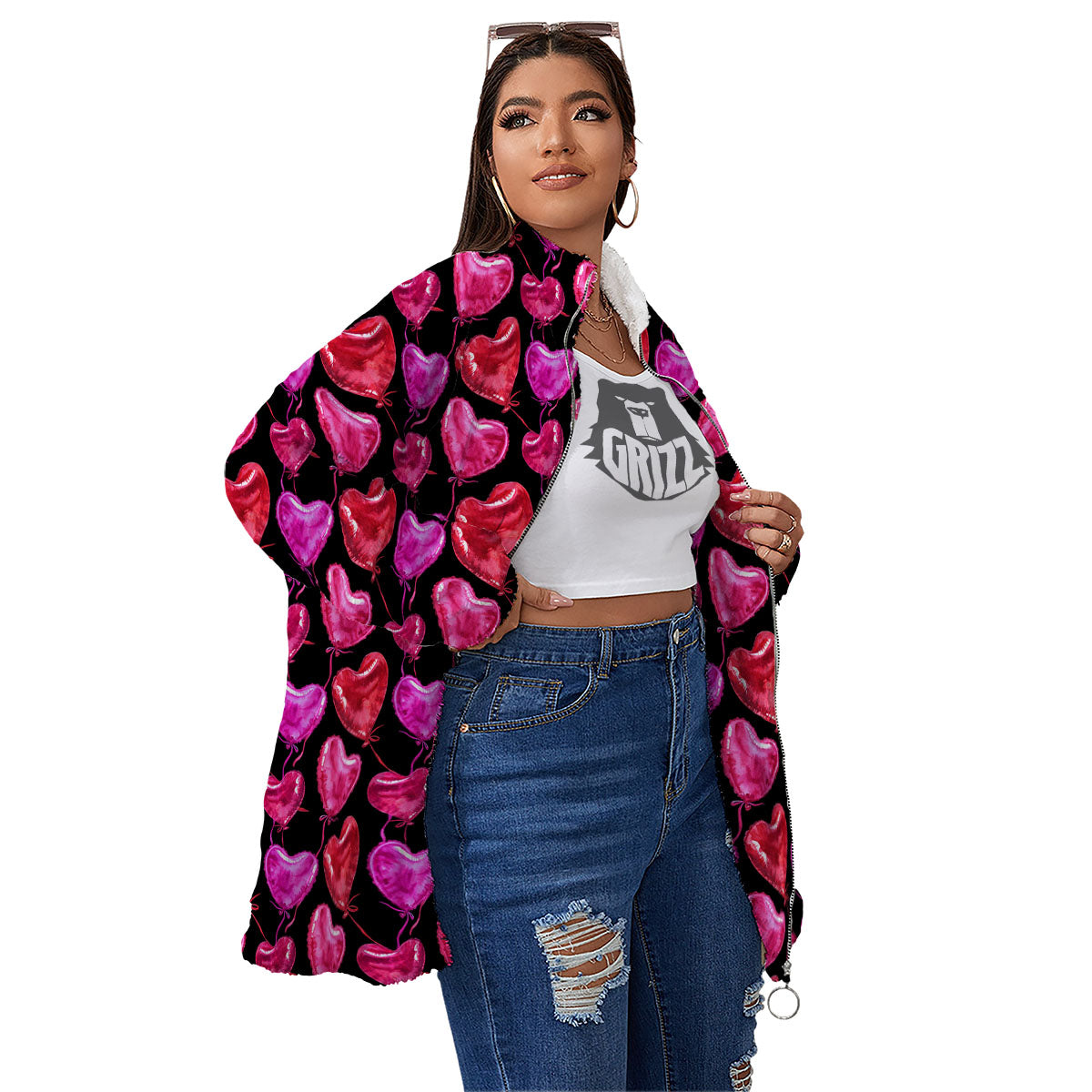 Balloon Red Heart Print Pattern Women's Sherpa Jacket-grizzshop