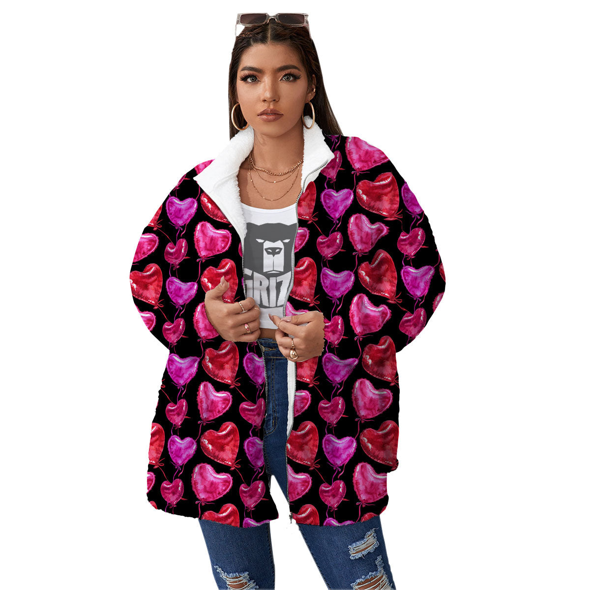 Balloon Red Heart Print Pattern Women's Sherpa Jacket-grizzshop